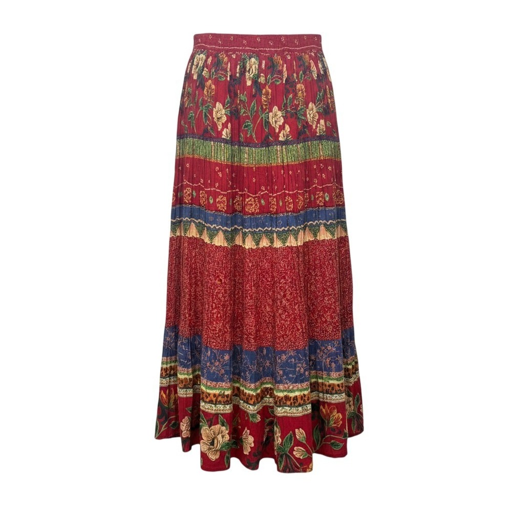 Stonebridge Floral Tiered Maxi Skirt XL Red Boho Crinkle Broomstick Mixed Print - Picture 2 of 6